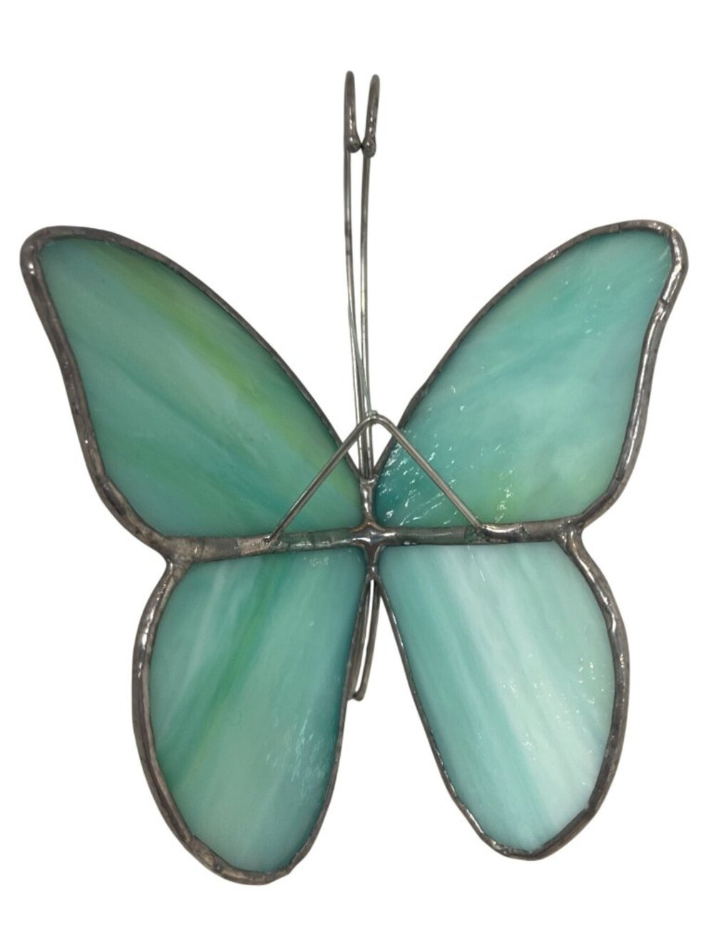 Handcrafted Stained Glass Butterfly With Metal Frame Green And White Wings Hangi